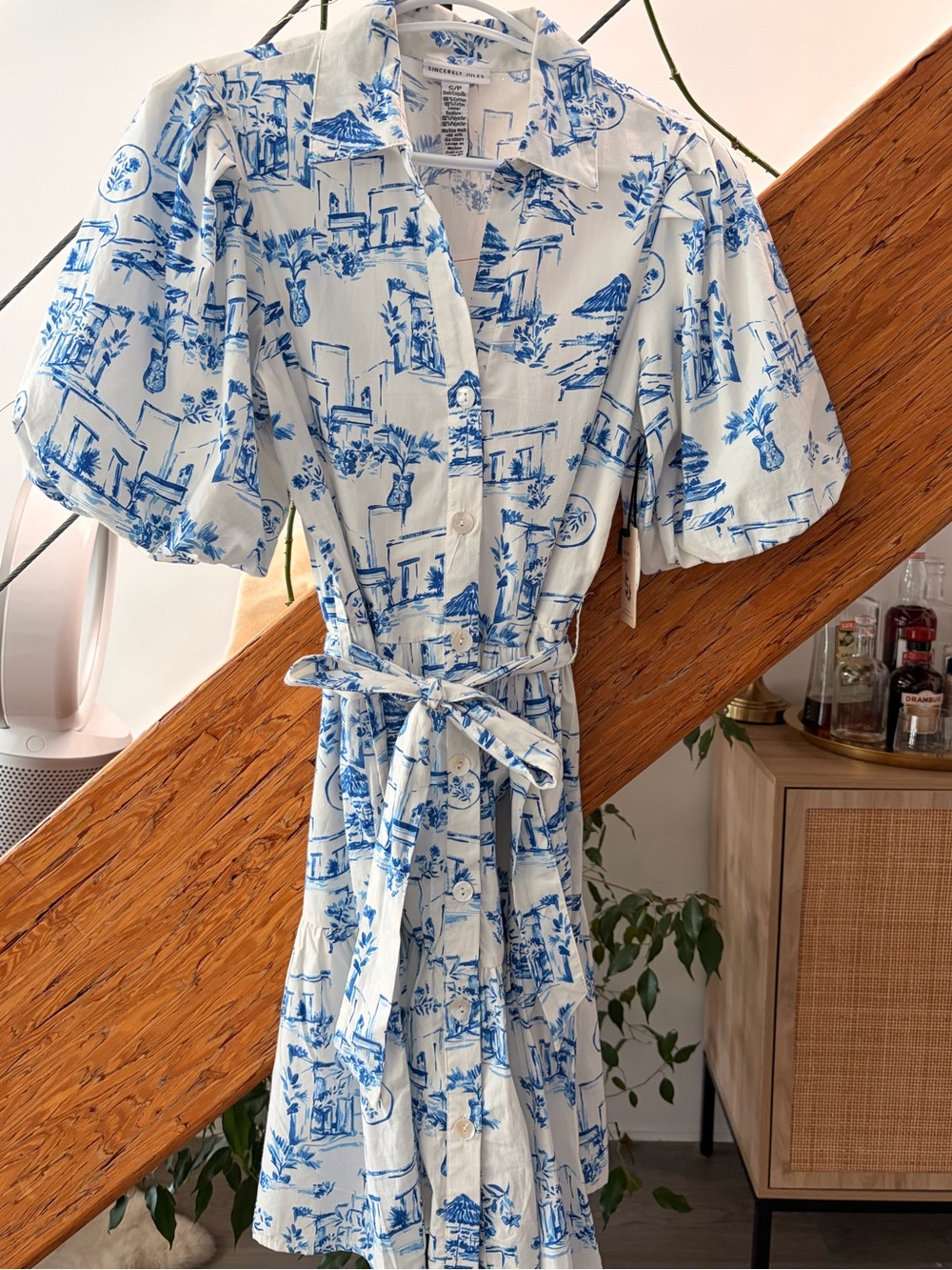 Sincerely Jules Blue & White Toile Button-Front Mini Dress